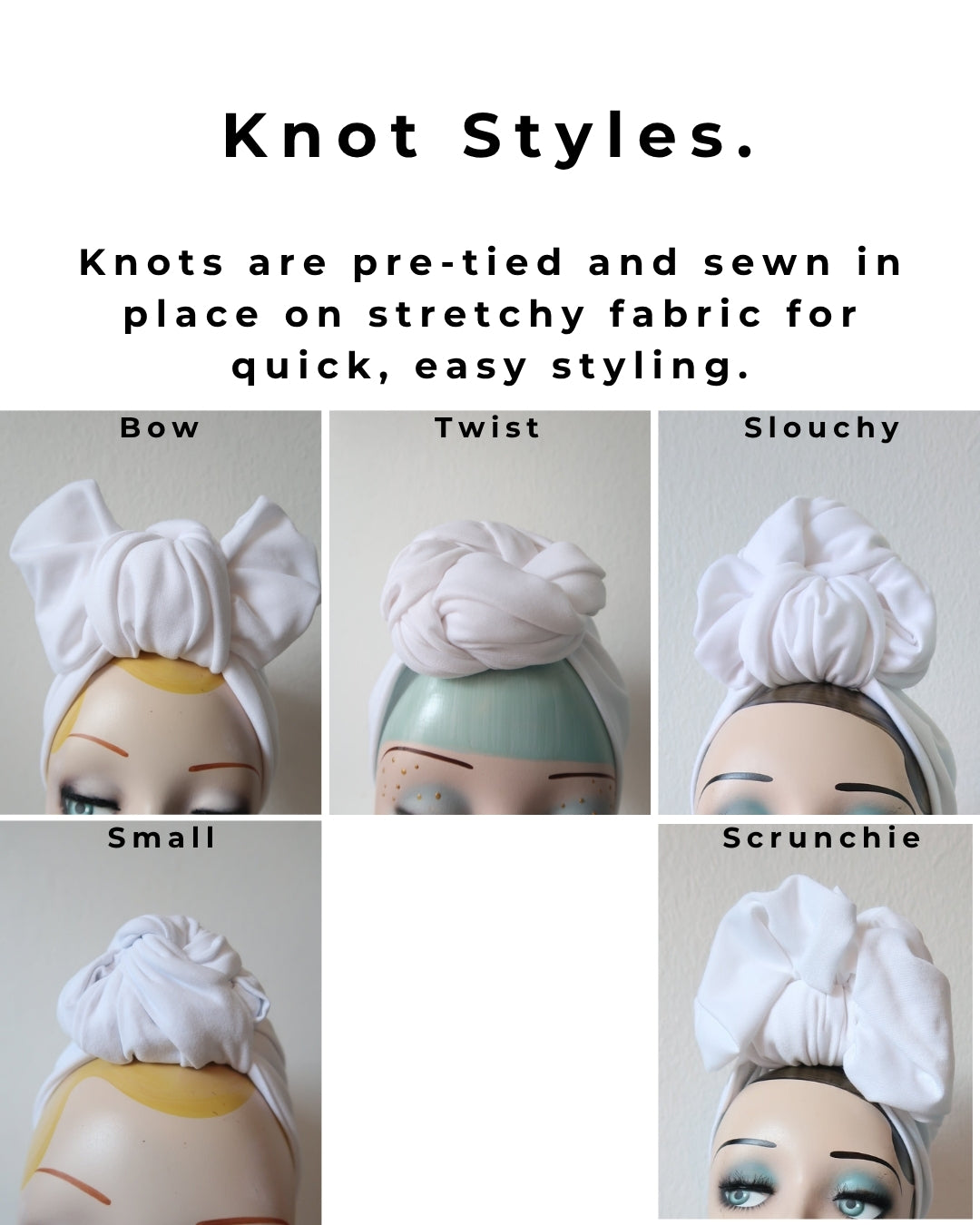 White Vintage Style Pre-tied Stretchy Turban (full coverage) with Knot Choice